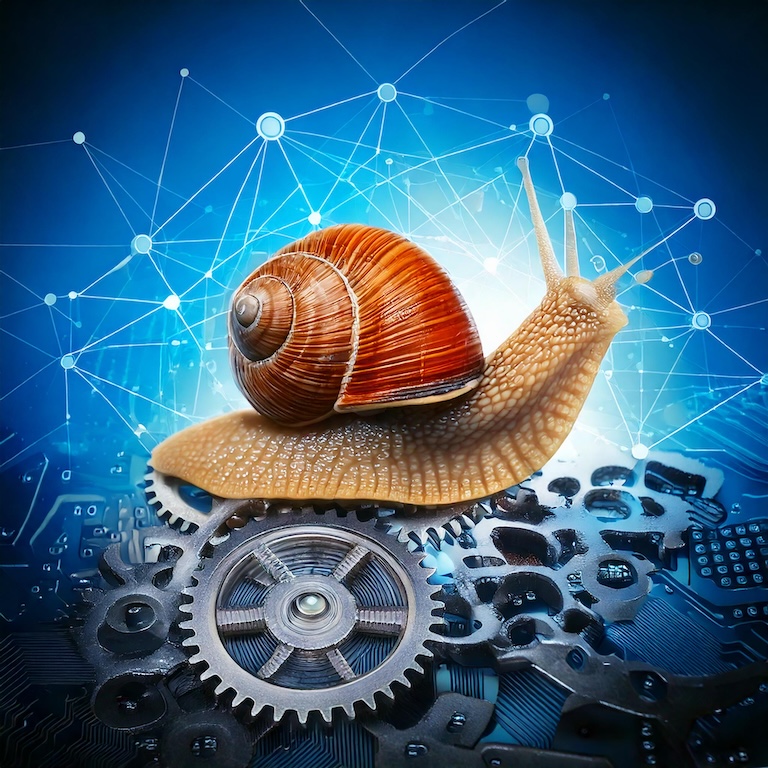 A snail moving over a set of machine gears, representing using Java in process automation.